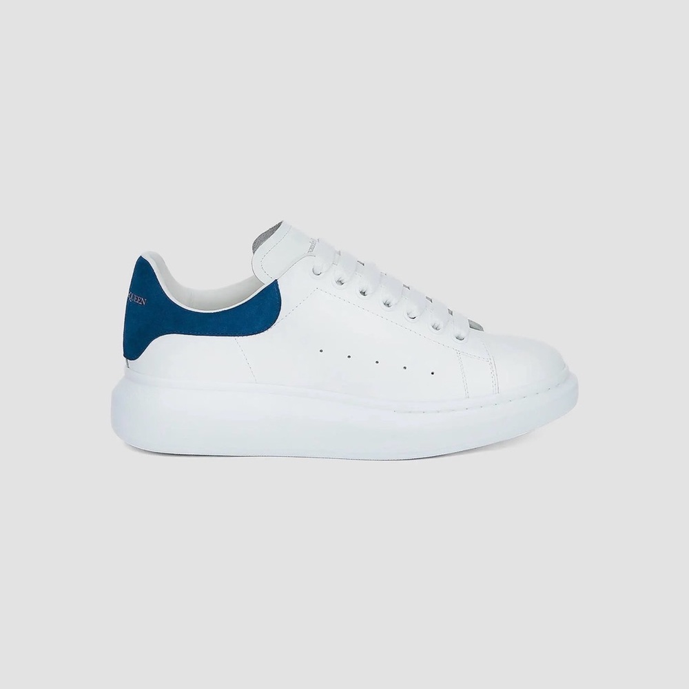 Alexander McQueen White Leather Low-Top Sneakers with Blue Heel Tab